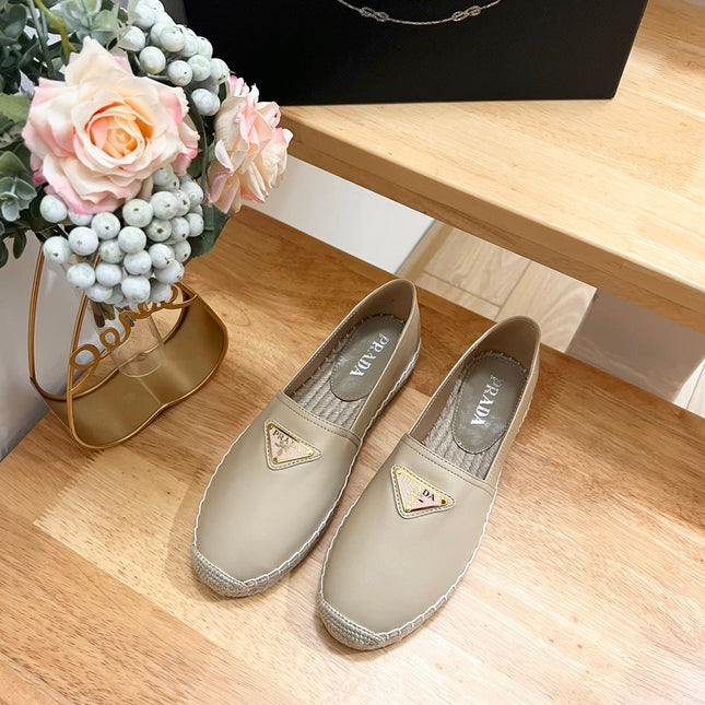 PRADA 26S LOGO ESPADRILLE SLIP ON FLATS IN DARK BEIGE CALFSKIN