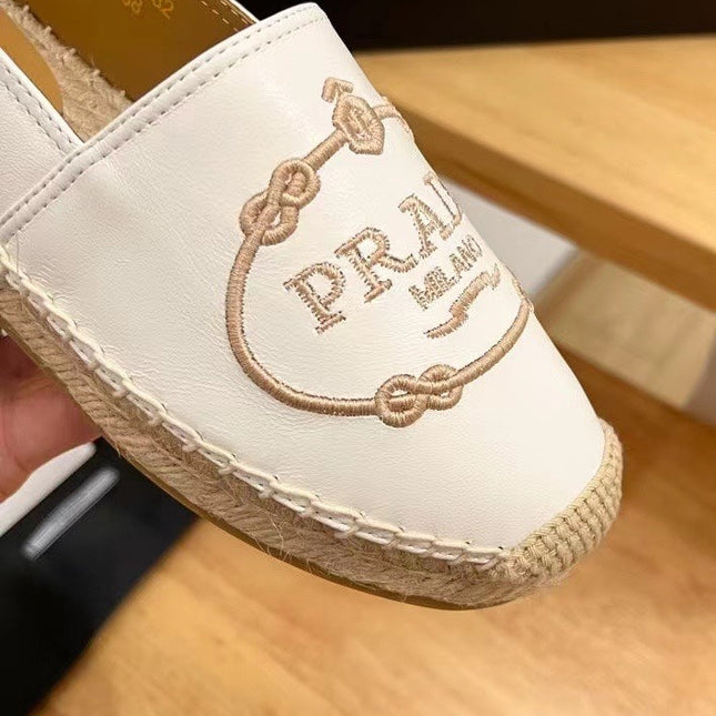PRADA 26S EMBROIDERED LOGO ESPADRILLE FLATS IN WHITE CALFSKIN