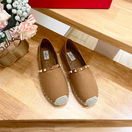 VALENTINO 26S SLIP ON SHOES IN BROWN CANVAS WITH ROCKSTUDS