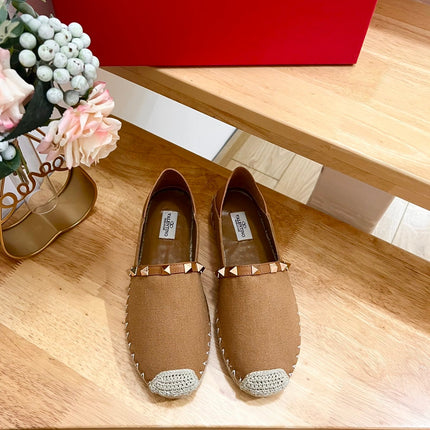 VALENTINO 26S SLIP ON SHOES IN BROWN CANVAS WITH ROCKSTUDS