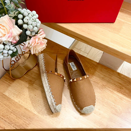 VALENTINO 26S SLIP ON SHOES IN BROWN CANVAS WITH ROCKSTUDS