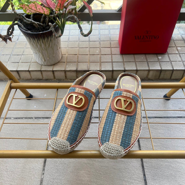 VALENTINO 26S ESPADRILLE MULES IN BLUE AND BEIGE RAFFIA