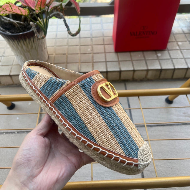 VALENTINO 26S ESPADRILLE MULES IN BLUE AND BEIGE RAFFIA
