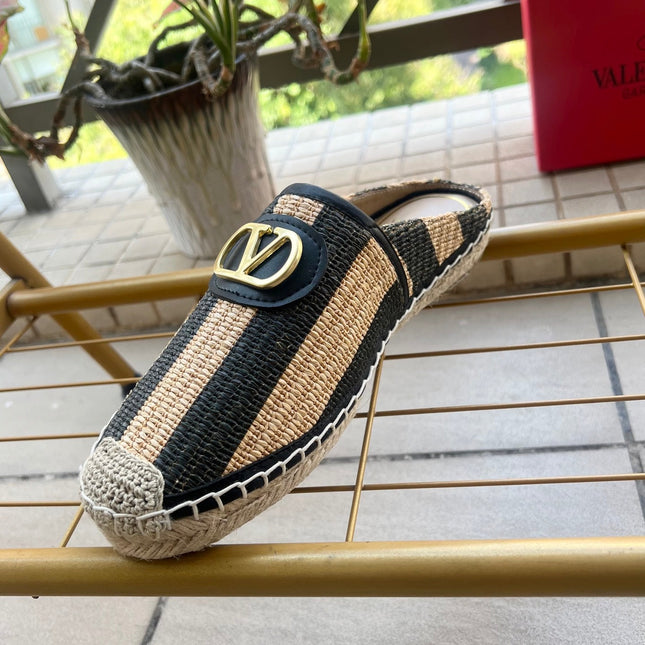 VALENTINO 26S ESPADRILLE MULES IN BLACK AND BEIGE RAFFIA