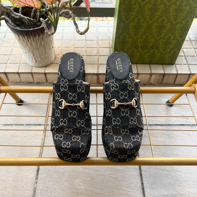 GUCCI 26S WEDGE SANDALS 100 MM IN BLACK DENIM