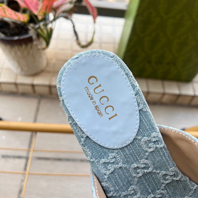 GUCCI 26S WEDGE SANDALS 100 MM IN LIGHT BLUE DENIM