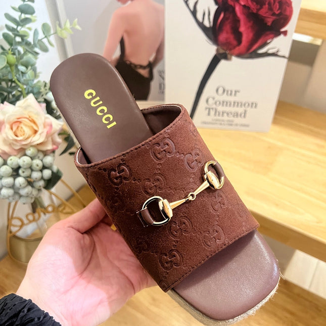 GUCCI 26S WEDGE SANDALS 100 MM IN BROWN SUEDE