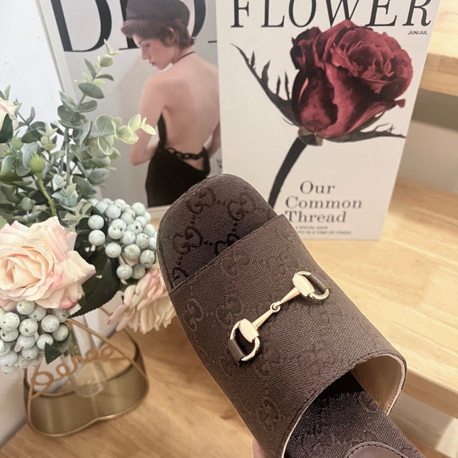 GUCCI 26S WEDGE SANDALS 100 MM IN DARK BROWN CANVAS