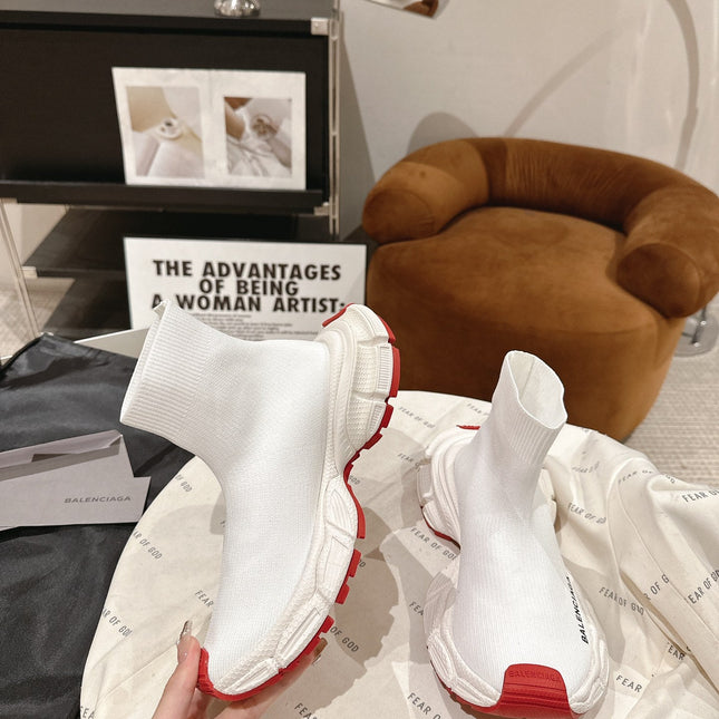 BALENCIAGA 25S SPEED TRAINER SNEAKERS 55 MM IN WHITE AND RED KNIT