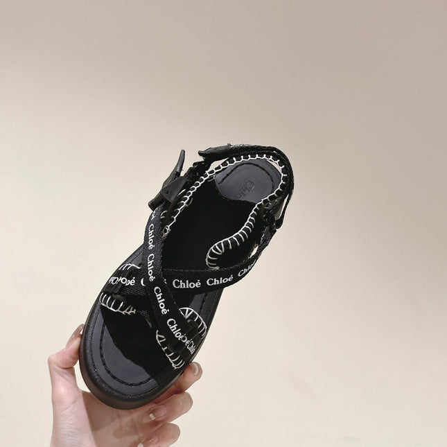 CHLOÉ 26S SANDALS IN BLACK LAMBSKIN AND CANVAS