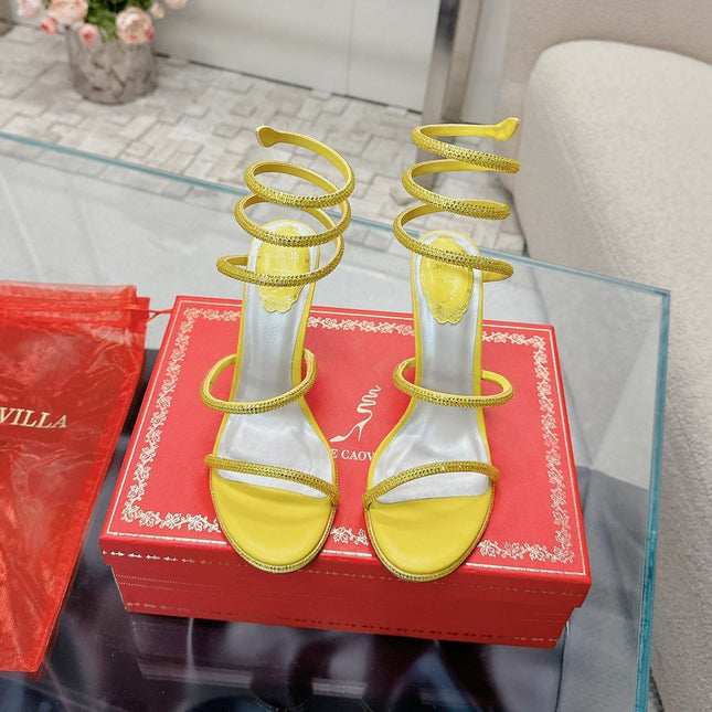 RENE CAOVILLA 26S STILETTO SANDALS 95 MM IN YELLOW LAMBSKIN
