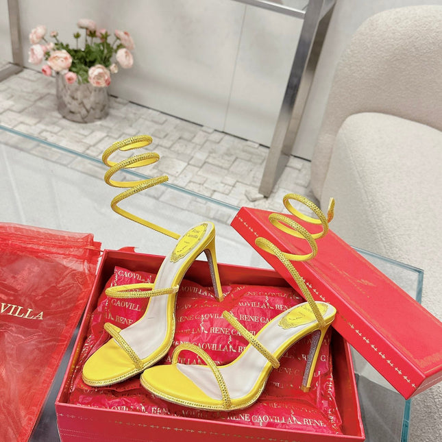 RENE CAOVILLA 26S STILETTO SANDALS 95 MM IN YELLOW LAMBSKIN