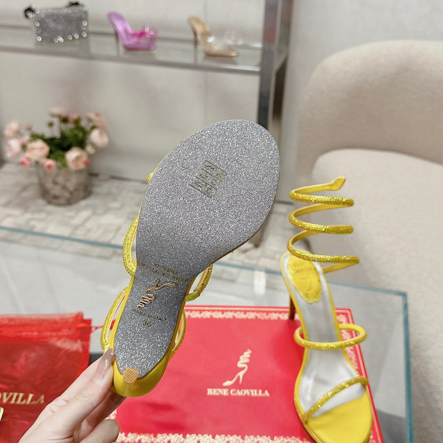 RENE CAOVILLA 26S STILETTO SANDALS 95 MM IN YELLOW LAMBSKIN