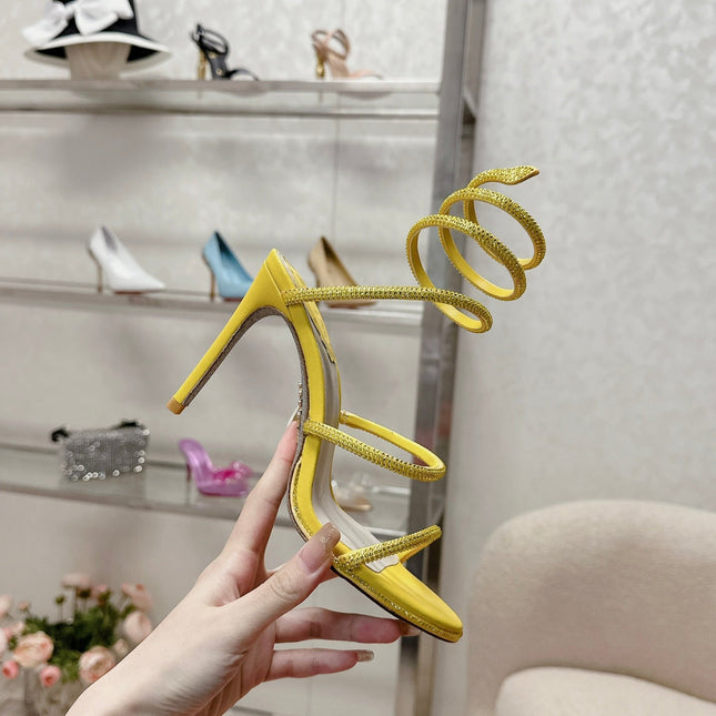 RENE CAOVILLA 26S STILETTO SANDALS 95 MM IN YELLOW LAMBSKIN