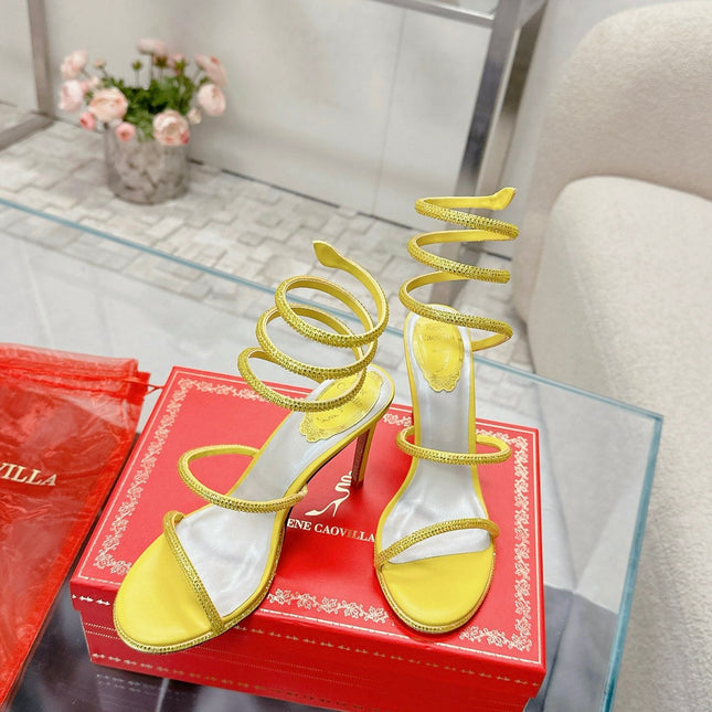 RENE CAOVILLA 26S STILETTO SANDALS 95 MM IN YELLOW LAMBSKIN