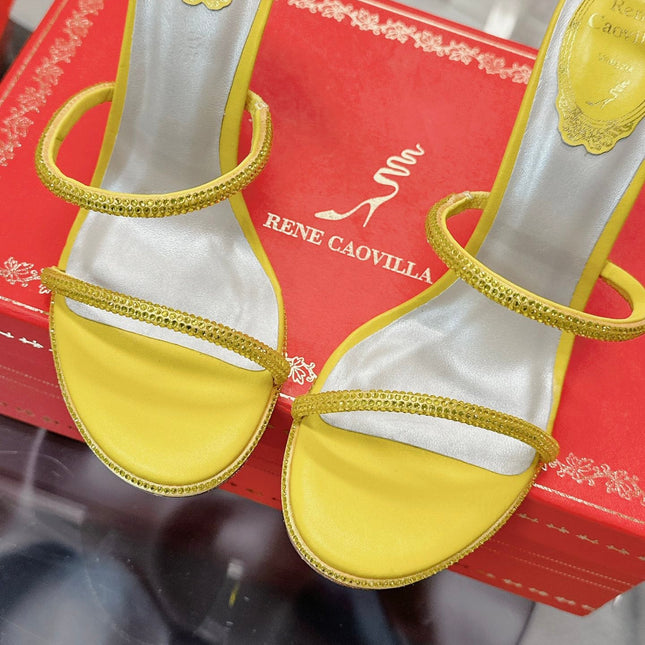 RENE CAOVILLA 26S STILETTO SANDALS 95 MM IN YELLOW LAMBSKIN