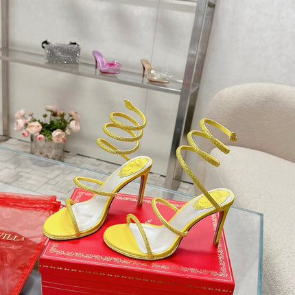 RENE CAOVILLA 26S STILETTO SANDALS 95 MM IN YELLOW LAMBSKIN
