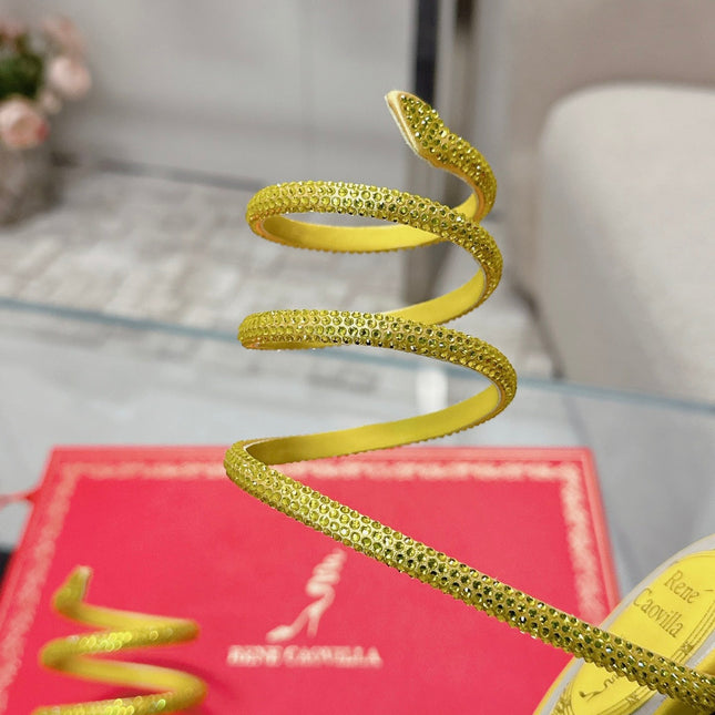 RENE CAOVILLA 26S STILETTO SANDALS 95 MM IN YELLOW LAMBSKIN