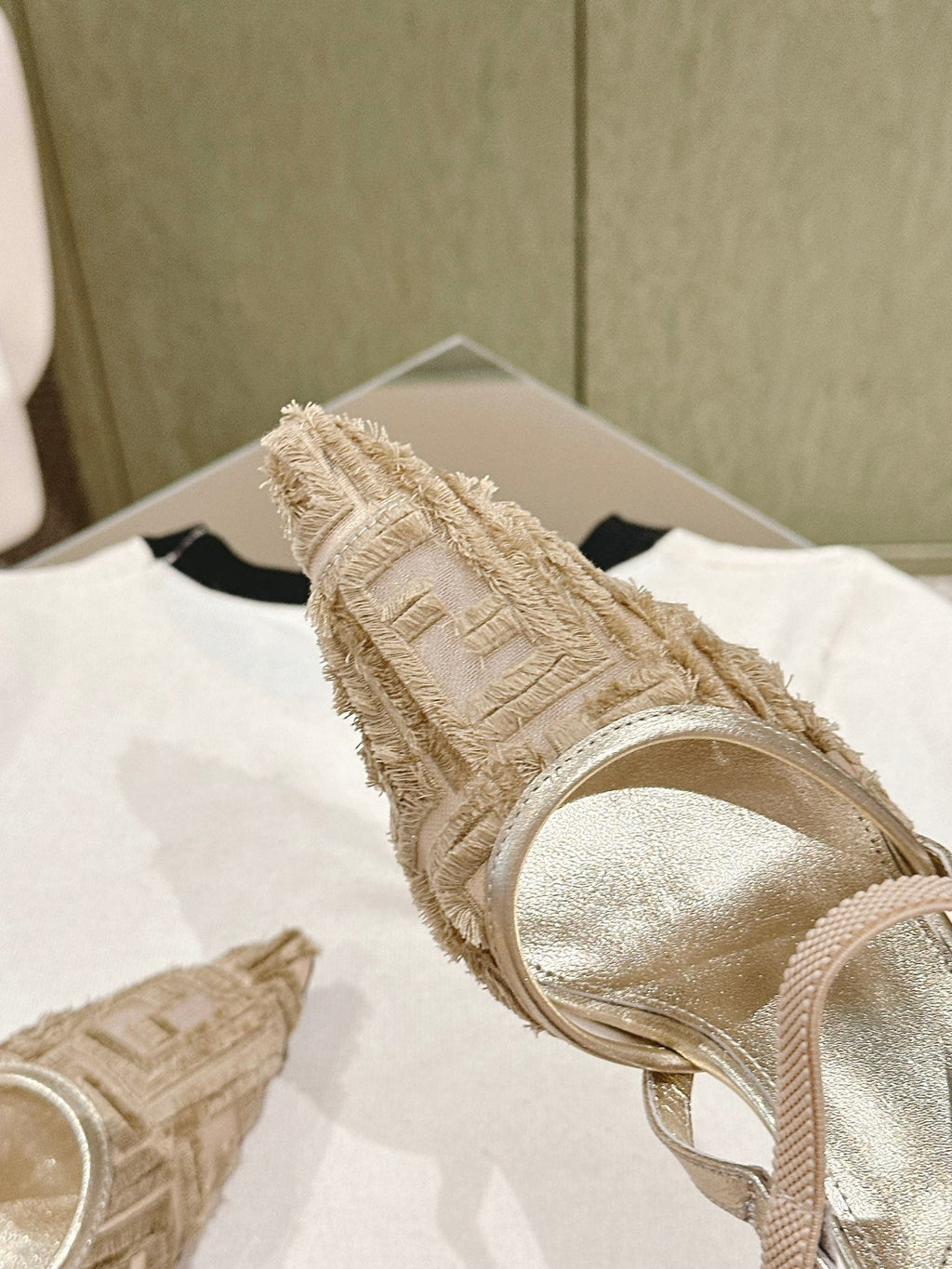 FENDI COLIBRÌ HIGH-HEELED SLINGBACKS 75MM IN LIGHT GOLD FABRIC