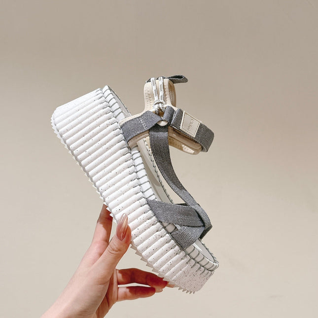CHLOÉ 26S WEDGE SANDALS IN WHITE LAMBSKIN AND GREY CANVAS