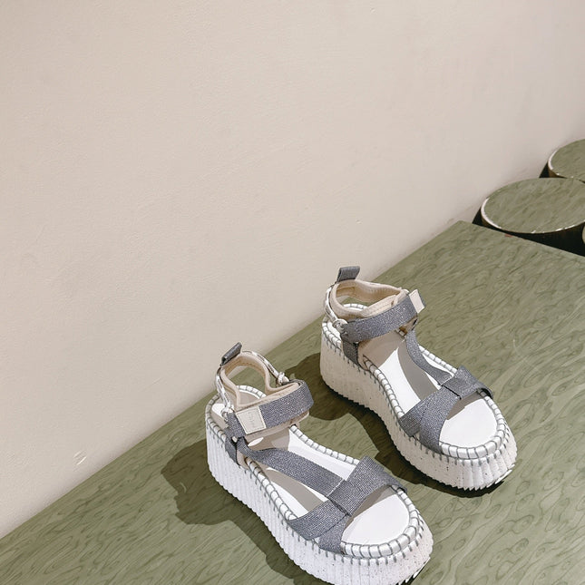 CHLOÉ 26S WEDGE SANDALS IN WHITE LAMBSKIN AND GREY CANVAS