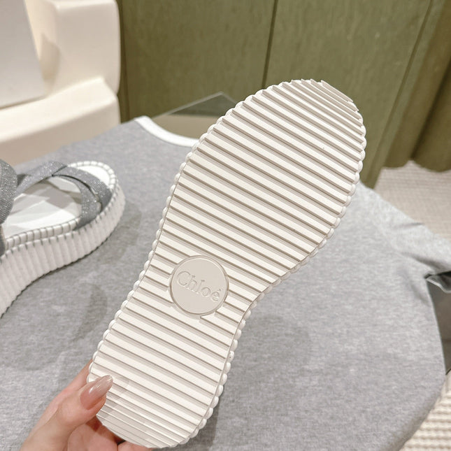 CHLOÉ 26S WEDGE SANDALS IN WHITE LAMBSKIN AND GREY CANVAS