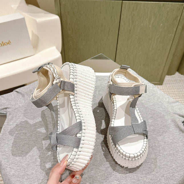 CHLOÉ 26S WEDGE SANDALS IN WHITE LAMBSKIN AND GREY CANVAS