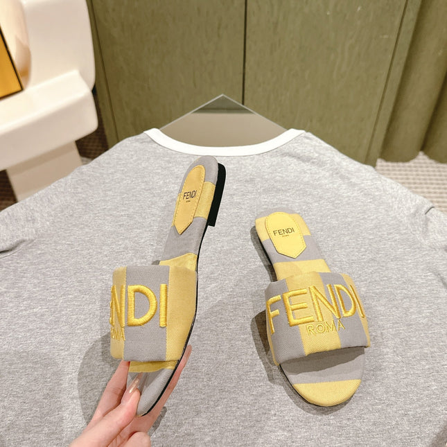FENDI 26S SLIDE SANDALS IN YELLOW AND GREY CANVAS