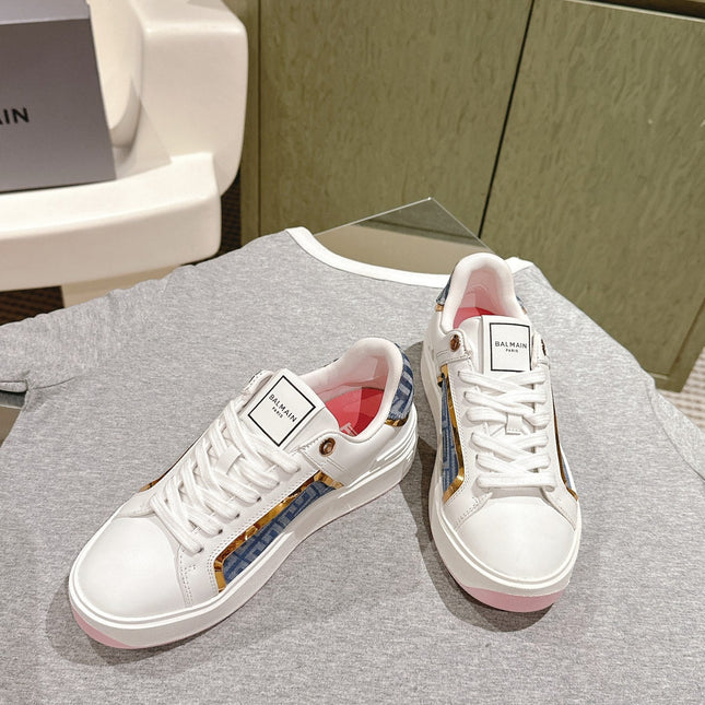 BALMAIN 26S SNEAKERS IN WHITE CALFSKIN AND BLUE CANVAS WITH LIGHT PINK SOLE
