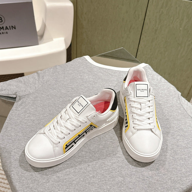 BALMAIN 26S SNEAKERS IN WHITE CALFSKIN AND BEIGE CANVAS