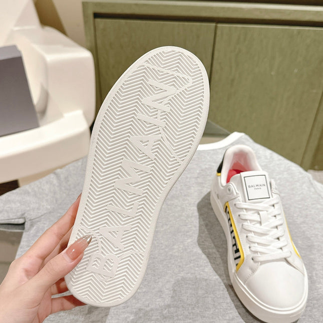 BALMAIN 26S SNEAKERS IN WHITE CALFSKIN AND BEIGE CANVAS