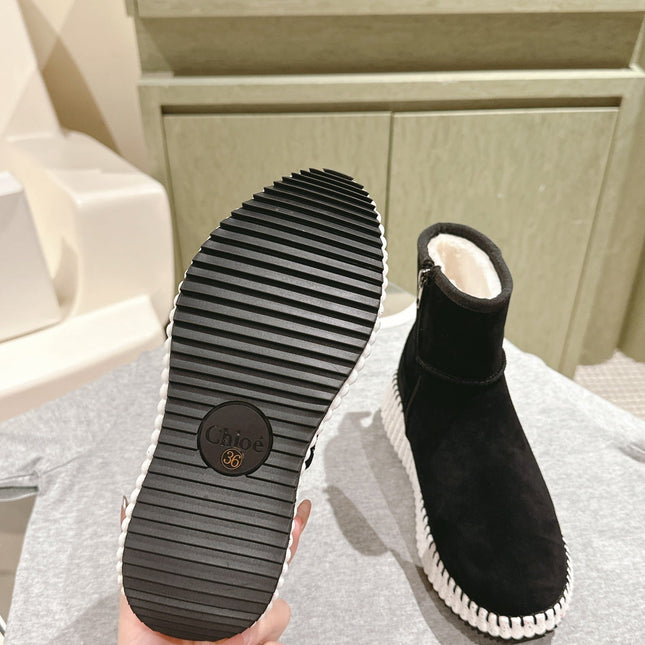 CHLOÉ 26S SHEARLING ANKLE BOOTS IN BLACK SUEDE