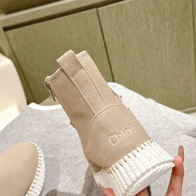 CHLOÉ 26S SHEARLING ANKLE BOOTS IN BEIGE SUEDE