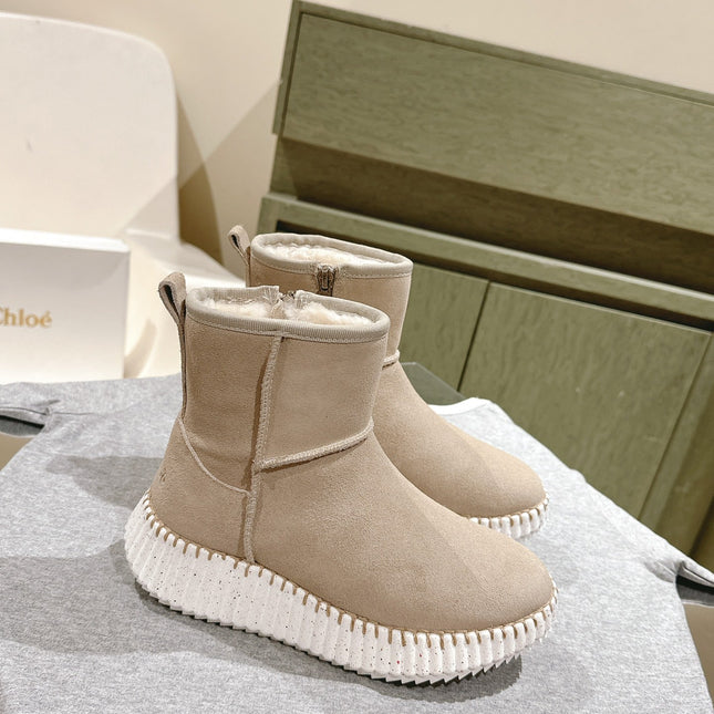 CHLOÉ 26S SHEARLING ANKLE BOOTS IN BEIGE SUEDE