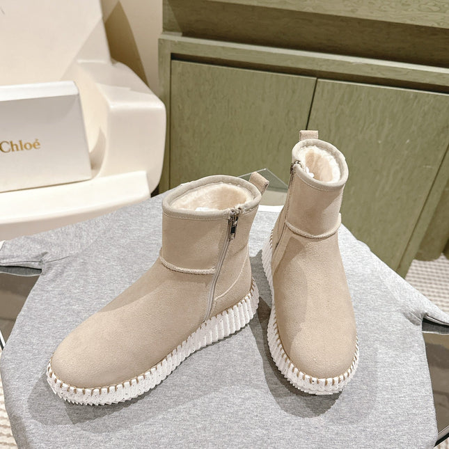 CHLOÉ 26S SHEARLING ANKLE BOOTS IN BEIGE SUEDE