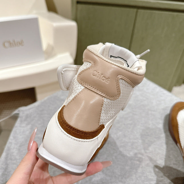 CHLOÉ 26S HIGH-TOP SNEAKERS IN WHITE CALFSKIN AND BROWN SUEDE