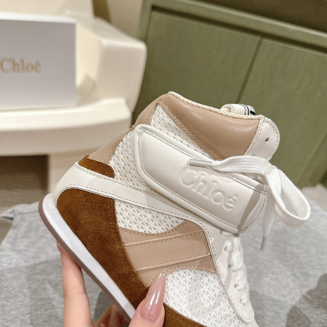 CHLOÉ 26S HIGH-TOP SNEAKERS IN WHITE CALFSKIN AND BROWN SUEDE