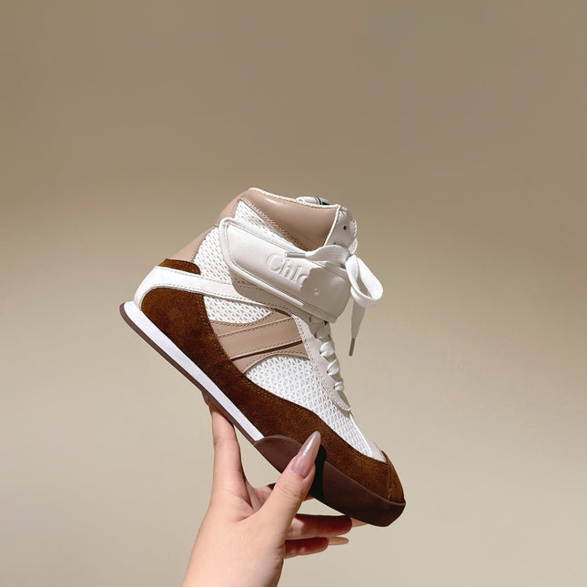 CHLOÉ 26S HIGH-TOP SNEAKERS IN WHITE CALFSKIN AND BROWN SUEDE