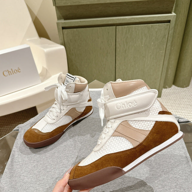 CHLOÉ 26S HIGH-TOP SNEAKERS IN WHITE CALFSKIN AND BROWN SUEDE