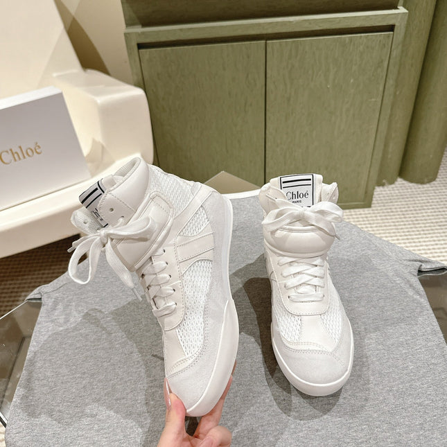 CHLOÉ 26S HIGH-TOP SNEAKERS IN WHITE CALFSKIN AND SUEDE