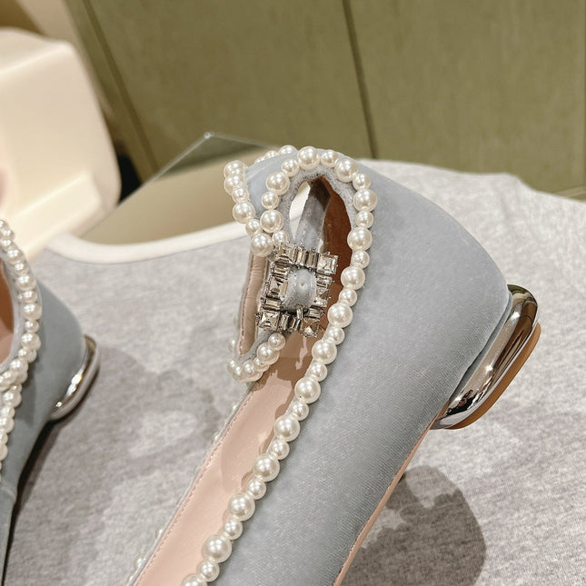 BALLERINAS MARY JANE IN GRAY SUEDE WITH PEARL TRIM