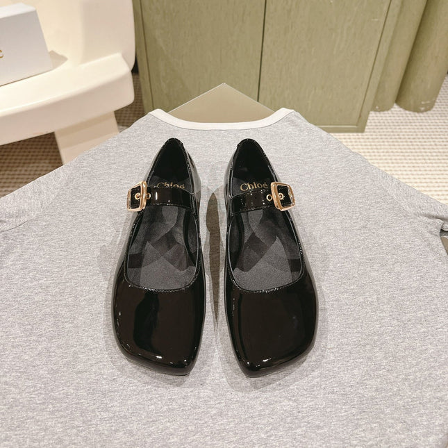 CHLOÉ 26S MARY JANE FLATS IN BLACK GLOSSY CALFSKIN