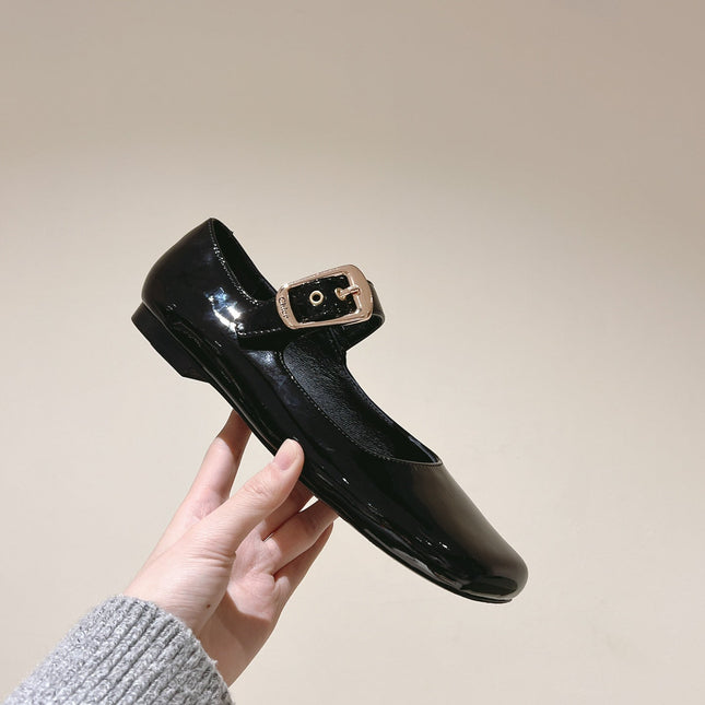 CHLOÉ 26S MARY JANE FLATS IN BLACK GLOSSY CALFSKIN