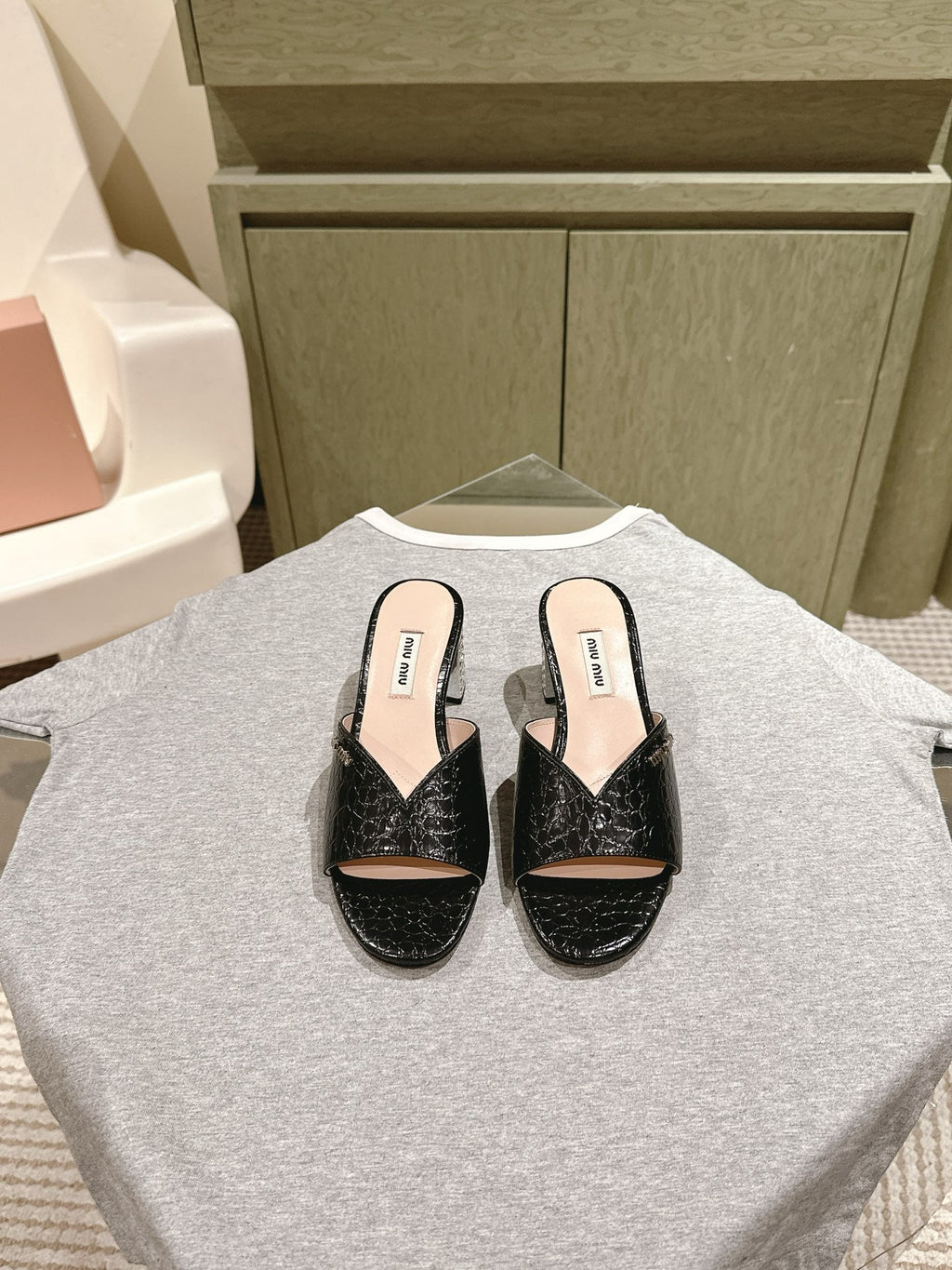 JEWELLED HEEL 55 MULE SANDALS IN BLACK CALFSKIN
