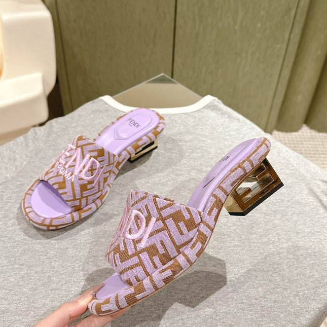 FENDI 26S HIGH SANDALS IN BROWN AND PURPLE FABRIC