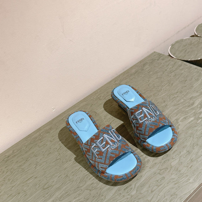 FENDI 26S HIGH SANDALS IN BLUE AND BROWN FABRIC