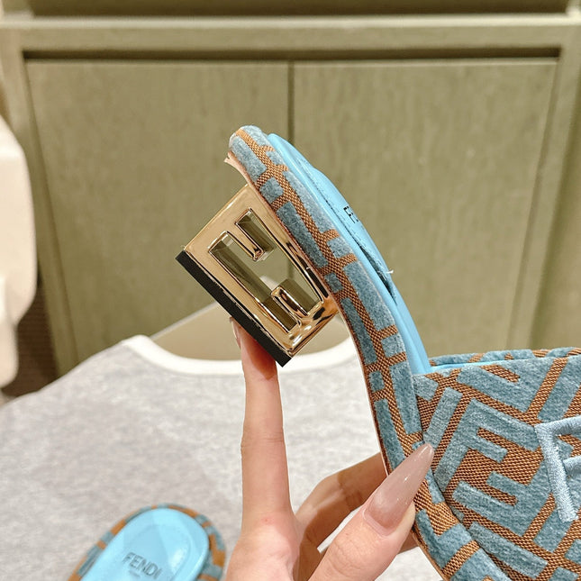 FENDI 26S HIGH SANDALS IN BLUE AND BROWN FABRIC