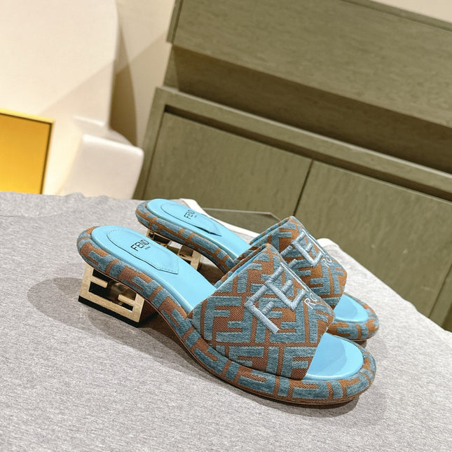 FENDI 26S HIGH SANDALS IN BLUE AND BROWN FABRIC