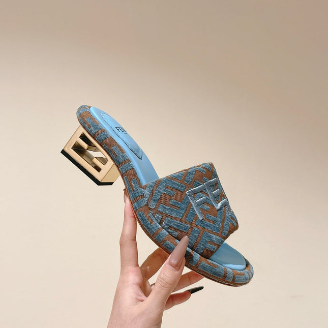 FENDI 26S HIGH SANDALS IN BLUE AND BROWN FABRIC