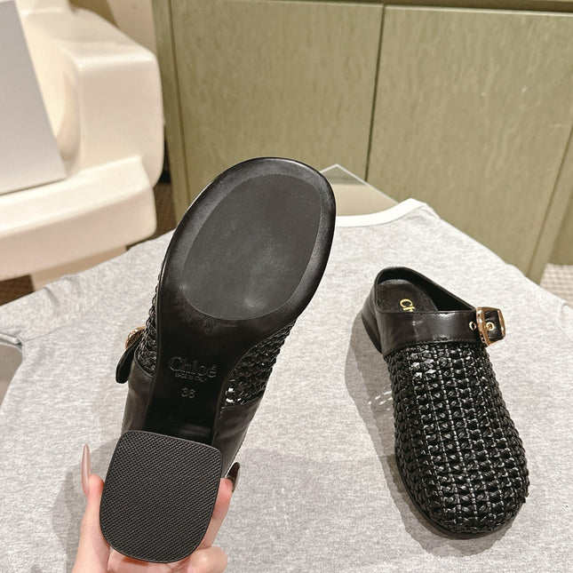 CHLOÉ 26S WOVEN MULES IN BLACK CALFSKIN